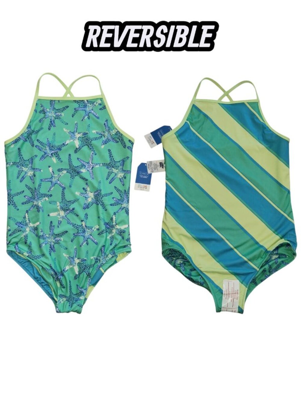 Land's End Girls L Chlorine Resistant Reversible One Piece Swimsuit Starfish